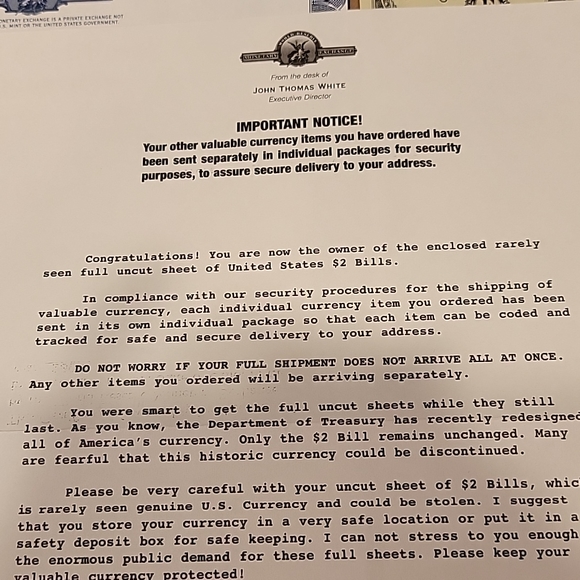 Uncut Sheet of Legal Tender $2 Bills - Picture 6 of 9